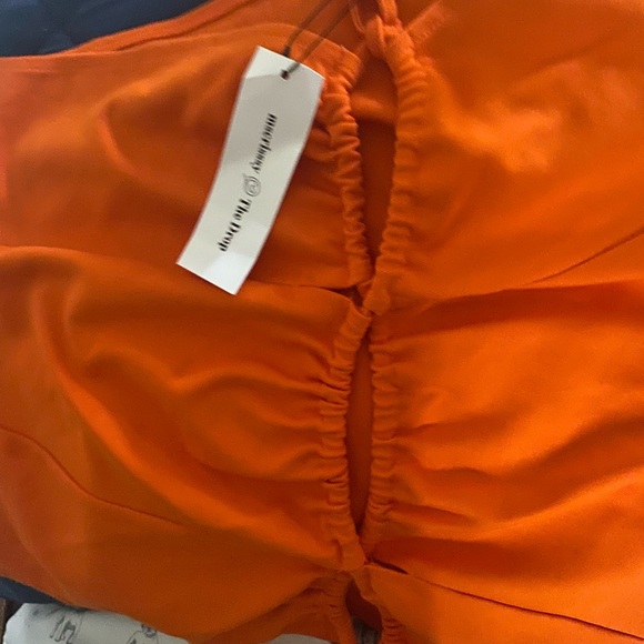 Vibrant Orange Ruched top asymmetrical. One sleeve - Picture 2 of 4